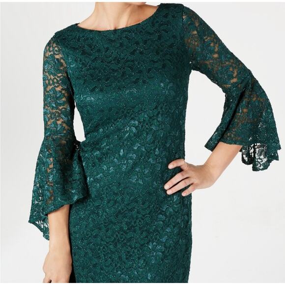 NEW Jessica Howard Dramatic Bell-Sleeve Glitter Hunter Green Lace Dress 16 - Picture 2 of 16
